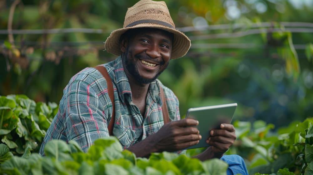 Smiling farmer using digital technology in the field with Pukpara platform