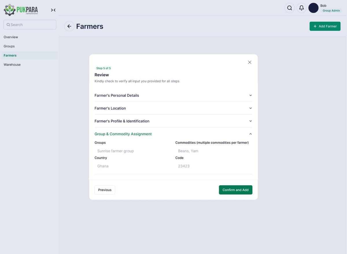 Pukpara farmer registration review showing complete farmer profile and group assignment