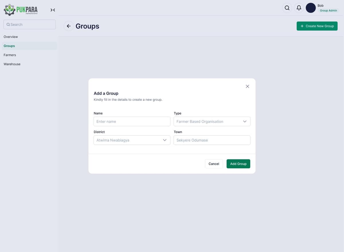 Pukpara group management interface showing farmer group analytics and savings data